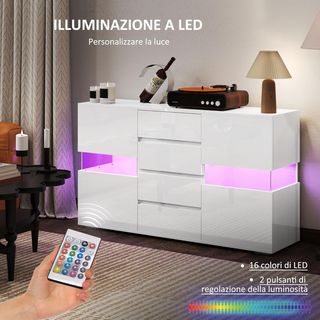 Credenza Moderna Con Luz LED Regulable Con Control Remoto, Mueble De Salón Con 4 Cajones Y 2 Armarios, 120X34X70 Cm, Blanco