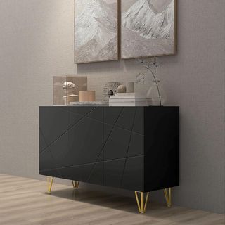 Contenedor Móvil Con 2 Armarios Y Estante Regulable a 3 Niveles, Credenza Moderna Con Patas de Metal, 120X40X75 Cm, Negro Y Oro