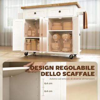 Carro De Cocina Con Ruedas, Estantes Regulables Y Porta Especias, Isla De Cocina Con Superficie De Trabajo En Madera De Goma, Para Cocina Y Sala De Estar, 111X44.5X82.5 Cm, Blanco