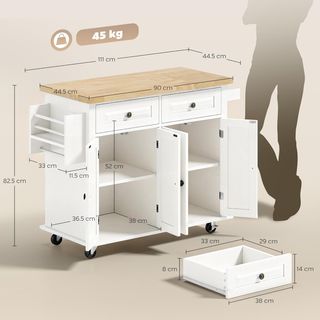 Carro De Cocina Con Ruedas, Estantes Regulables Y Porta Especias, Isla De Cocina Con Superficie De Trabajo En Madera De Goma, Para Cocina Y Sala De Estar, 111X44.5X82.5 Cm, Blanco