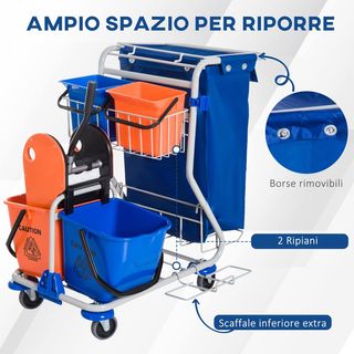 Carro de Limpieza Profesional con Bolsa de Basura, 2 Cubos de Fregona de 18L, 2 Cubos de Almacenamiento de 6L, Escurridor para Mopa, Gancho y Ruedas para Hoteles y Alojamientos, 93X80X97 Cm, Naranja