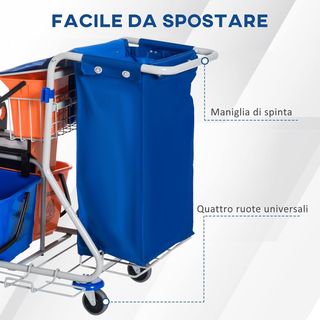 Carro de Limpieza Profesional con Bolsa de Basura, 2 Cubos de Fregona de 18L, 2 Cubos de Almacenamiento de 6L, Escurridor para Mopa, Gancho y Ruedas para Hoteles y Alojamientos, 93X80X97 Cm, Naranja