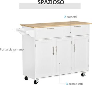 Carro De Cocina Multiusos Con 2 Cajones, 3 Puertas Y 4 Ruedas, De Madera Y MDF, 121X46X91Cm, Blanco