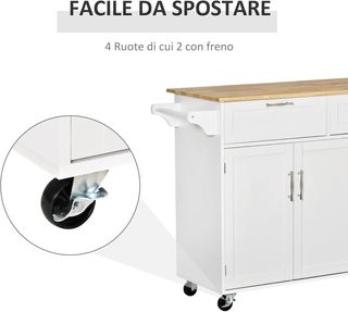 Carro De Cocina Multiusos Con 2 Cajones, 3 Puertas Y 4 Ruedas, De Madera Y MDF, 121X46X91Cm, Blanco