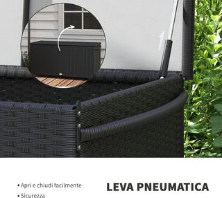 Baúl De Jardín En Rattan PE Con Ruedas, Caja Contenedora De Exterior Con Pistón Neumático Y Asa Lateral, Volumen 316L, 121X57X67Cm, Negro
