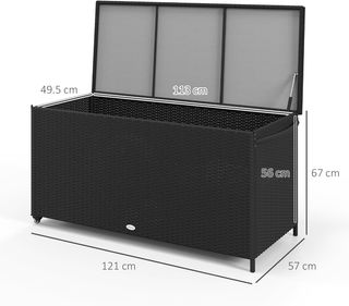 Baúl De Jardín En Rattan PE Con Ruedas, Caja Contenedora De Exterior Con Pistón Neumático Y Asa Lateral, Volumen 316L, 121X57X67Cm, Negro