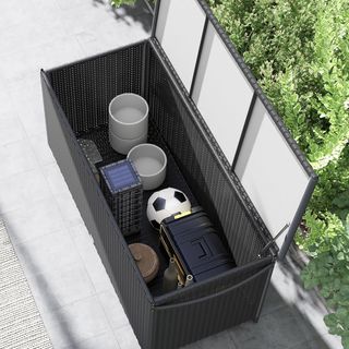 Baúl De Jardín En Rattan PE Con Ruedas, Caja Contenedora De Exterior Con Pistón Neumático Y Asa Lateral, Volumen 316L, 121X57X67Cm, Negro