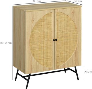 Credenza Estilo Boho de 2 Puertas, Mueble de Salón con 2 Estantes Internos, Patas de Acero e Insertos de Ratán, 80X39X101.8Cm, Natural