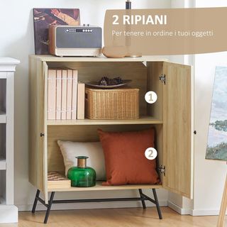 Credenza Estilo Boho de 2 Puertas, Mueble de Salón con 2 Estantes Internos, Patas de Acero e Insertos de Ratán, 80X39X101.8Cm, Natural