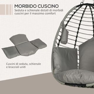 Silla Colgante Con Cojín Acolchado, Silla Colgante Balancín Con Asiento Plegable Y Estructura De Acero Y Cuerda, Gris
