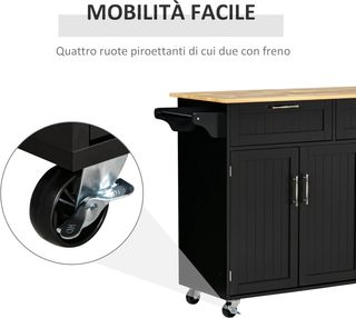 Carro De Cocina Multiusos Con 2 Cajones, Armario De 3 Puertas Y 4 Ruedas, Isla De Cocina De Madera Y MDF, 121X46X91Cm, Negro