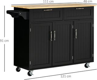 Carro De Cocina Multiusos Con 2 Cajones, Armario De 3 Puertas Y 4 Ruedas, Isla De Cocina De Madera Y MDF, 121X46X91Cm, Negro
