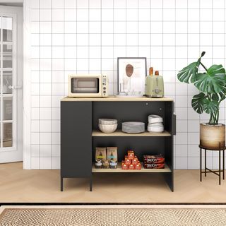 Isla De Cocina Con Amplia Superficie De Trabajo, Mueble De Cocina Con Estante, Portacuchillos Y Armario Con Puerta Corredera, Negro