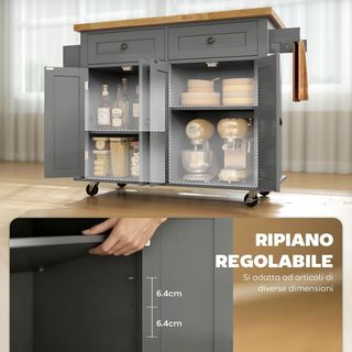 Carro De Cocina Con Ruedas, Estantes Regulables Y Porta Especias, Isla De Cocina Con Superficie De Trabajo En Madera De Goma, Para Cocina Y Sala De Estar, 111X44.5X82.5 Cm, Gris