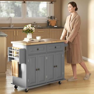 Carro De Cocina Con Ruedas, Estantes Regulables Y Porta Especias, Isla De Cocina Con Superficie De Trabajo En Madera De Goma, Para Cocina Y Sala De Estar, 111X44.5X82.5 Cm, Gris