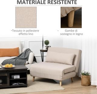 Sillón Cama 3 en 1 Con Respaldo Reclinable en 6 Posiciones y 4 Patas Retráctiles, Sillón Cama Individual en Tejido Efecto Lino Transpirable, 94X78X80 Cm, Beige