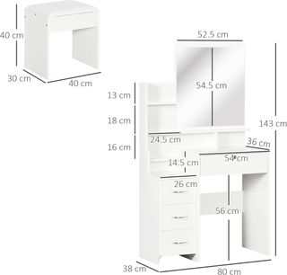 Estación de Maquillaje Con Espejo Grande de Vidrio Templado, Tocador de Maquillaje Con Taburete Acolchado, 4 Cajones y 4 Estantes, Estación de Maquillaje para Dormitorio, Blanco