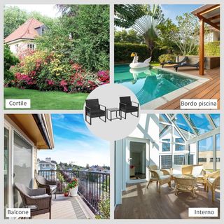 Conjunto De Balcón, Mesa Y 2 Sillas De Exterior De Ratan Con Cojines, Negro