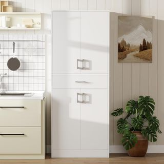 Credenza de Cocina Alta, Mueble de Despensa Con 2 Armarios y Gran Cajón, Mueble de Cocina Con Estantes Regulables, para Comedor, Sala de Estar, Salón, 70.8X34X180 Cm, Blanco