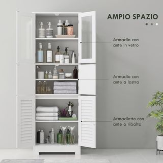 Mueble Columna Baño Con 3 Armarios de 2 Puertas, Mueble Multiusos Con Puertas de Cristal y de Persiana, 60X30X170.5Cm, Blanco