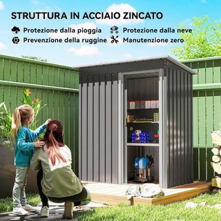 Casita De Jardín 1.16M² en Acero Galvanizado, Cobertizo De Jardín Con Techo Inclinado Y Puerta Corredera Bloqueable, Cobertizo Para Herramientas, 163X89X182 Cm, Gris Claro