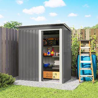 Casita De Jardín 1.16M² en Acero Galvanizado, Cobertizo De Jardín Con Techo Inclinado Y Puerta Corredera Bloqueable, Cobertizo Para Herramientas, 163X89X182 Cm, Gris Claro