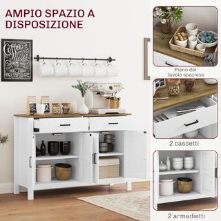 Credenza De Cocina Con 2 Cajones Y 2 Armarios, Mueble Buffet Estilo Rústico Con Estantes Regulables para Sala Y Comedor, Blanco