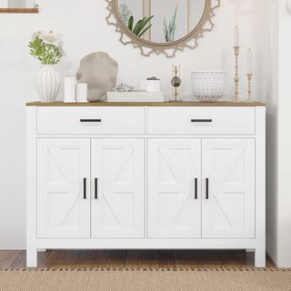 Credenza De Cocina Con 2 Cajones Y 2 Armarios, Mueble Buffet Estilo Rústico Con Estantes Regulables para Sala Y Comedor, Blanco