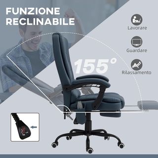 Silla Ergonómica de Oficina con 7 Puntos de Masaje y Reposapiés, Silla de Escritorio Reclinable en Cuero PU con Brazos Acolchados, Altura Ajustable y Ruedas Giratorias, para Estudio, Azul