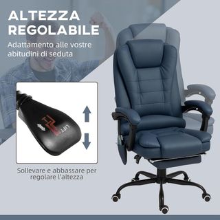 Silla Ergonómica de Oficina con 7 Puntos de Masaje y Reposapiés, Silla de Escritorio Reclinable en Cuero PU con Brazos Acolchados, Altura Ajustable y Ruedas Giratorias, para Estudio, Azul