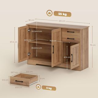Credenza de Cocina, Mueble de Cocina Con 2 Cajones, 2 Armarios, Credenza Buffet Con Puertas de Cierre Soft-Close, Estantes Regulables, para Sala de Estar Comedor, 120X38X79 Cm, Roble