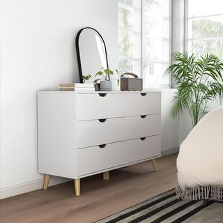 Cómoda de Dormitorio 6 Cajones, Comoda Moderna con Manijas Talladas y Patas de Columna, Mueble para Sala, Habitación y Pasillo en Madera, 120X40X76 Cm, Blanco