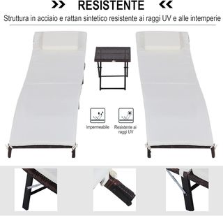 Conjunto de 2 Tumbonas Plegables, Sillas de Jardín de Rattan con Cojines Extraíbles y Lavables y Mesa Plegable, Crema