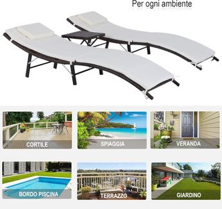 Conjunto de 2 Tumbonas Plegables, Sillas de Jardín de Rattan con Cojines Extraíbles y Lavables y Mesa Plegable, Crema