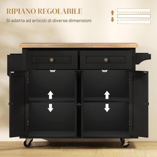 Carro De Cocina Con Ruedas, Estantes Regulables Y Porta Especias, Isla De Cocina Con Superficie De Trabajo En Madera De Caucho, Para Cocina Y Sala De Estar, 111X44.5X82.5 Cm, Negro