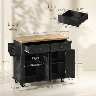 Carro De Cocina Con Ruedas, Estantes Regulables Y Porta Especias, Isla De Cocina Con Superficie De Trabajo En Madera De Caucho, Para Cocina Y Sala De Estar, 111X44.5X82.5 Cm, Negro