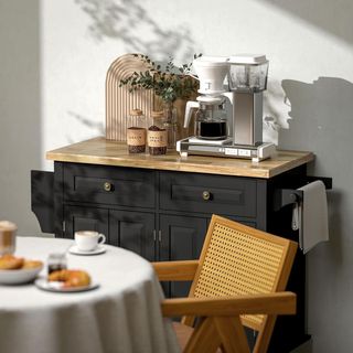 Carro De Cocina Con Ruedas, Estantes Regulables Y Porta Especias, Isla De Cocina Con Superficie De Trabajo En Madera De Caucho, Para Cocina Y Sala De Estar, 111X44.5X82.5 Cm, Negro