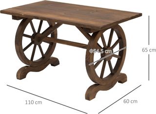 Mesa de Jardín Estilo Country Con Patas de Rueda, en Madera de Abeto Resistente a las Intemperies, 110X60X65 Cm