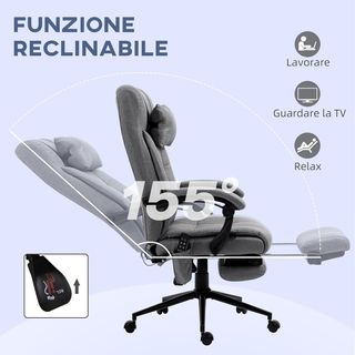 Silla De Escritorio Calentadora Con 5 Modos Y 6 Puntos De Masaje, Sillón De Oficina Ergonómico Con Respaldo Reclinable A 155° Y Reposapiés, Gris