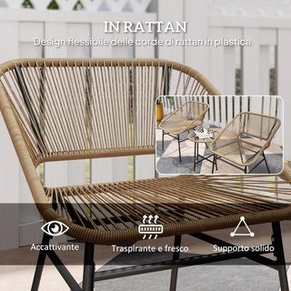 Conjunto de Jardín de 3 Piezas en Rattan PE y Acero, Conjunto de 2 Sillas con Cojines y Mesa de Café Cilíndrica con Tapa de Vidrio, Conjunto de Muebles para Balcón, para Patio y Jardín, Color Madera