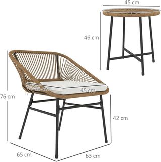 Conjunto de Jardín de 3 Piezas en Rattan PE y Acero, Conjunto de 2 Sillas con Cojines y Mesa de Café Cilíndrica con Tapa de Vidrio, Conjunto de Muebles para Balcón, para Patio y Jardín, Color Madera