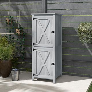 Casita De Jardín De Madera De Abeto Con Base Elevada, 2 Armarios Y 2 Estantes Extraíbles, Armario De Jardín Para Terraza Y Patio, 60X60X160 Cm, Gris Claro