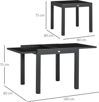 Mesa de Jardín Extensible de 80/160X80X75 Cm, Mesa de Comedor Extensible para 4-6 Personas Rectangular de Aluminio con Tapa de Vidrio Templado, para Patio, Terraza, Balcón, Negra