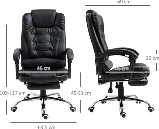 Silla De Oficina Ergonómica Presidencial De Piel PU Con Soporte Lumbar, Silla De Oficina Giratoria Con Respaldo Alto Reclinable 145°, Altura Regulable Y Reposapiés Extraíble, Negro