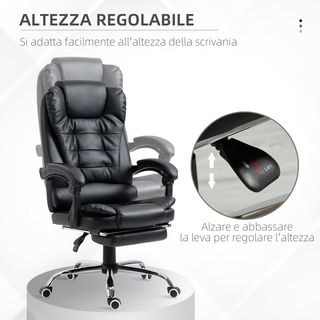 Silla De Oficina Ergonómica Presidencial De Piel PU Con Soporte Lumbar, Silla De Oficina Giratoria Con Respaldo Alto Reclinable 145°, Altura Regulable Y Reposapiés Extraíble, Negro