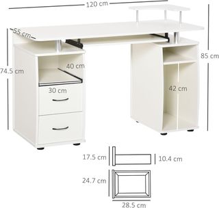 Escritorio para PC en Aglomerado y Acero con Estante para Teclado y Monitor, 2 Cajones y Espacio para Computadora, 120X55X85 Cm, Blanca