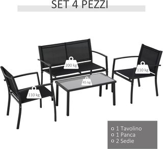 Salón De Exterior, Set De 4 Piezas Con 1 Mesa, 2 Sillas De Jardín Y 1 Banco De Metal, Negro