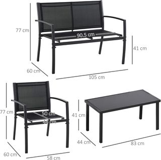 Salón De Exterior, Set De 4 Piezas Con 1 Mesa, 2 Sillas De Jardín Y 1 Banco De Metal, Negro