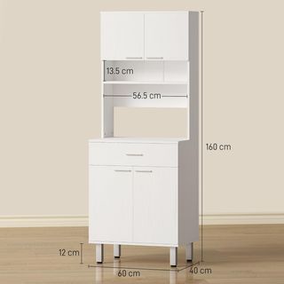 Credenza Alta De Cocina, Mueble Clásico Blanco De Madera Con 2 Armarios Y 1 Estante, Blanco, 60X40X160Cm