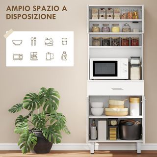 Credenza Alta De Cocina, Mueble Clásico Blanco De Madera Con 2 Armarios Y 1 Estante, Blanco, 60X40X160Cm